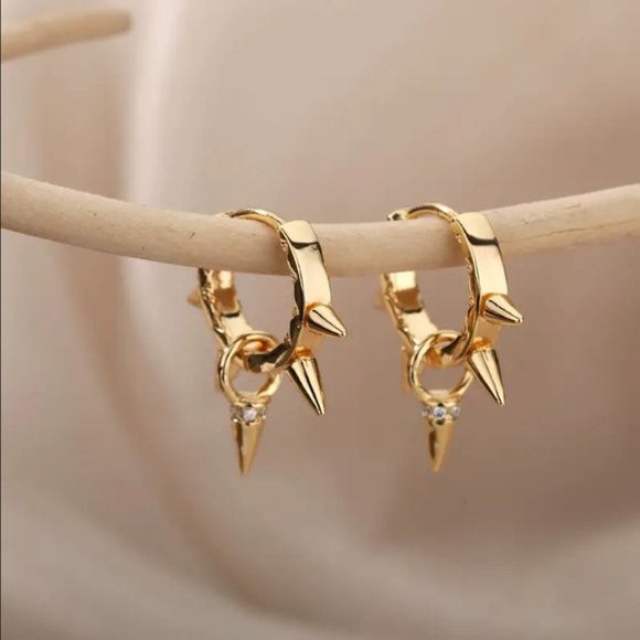 Mens 14K Gold Spiked Small 1ct Diamond Earrings Punk Goth Rock Style Jewelry 14